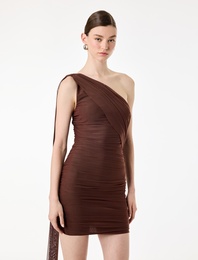 Slim Fit Drapeli Tek Omuz Mini Bodycon Elbise