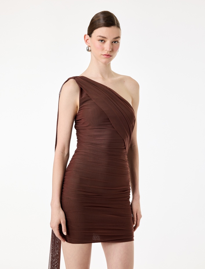  Slim Fit Drapeli Tek Omuz Mini Bodycon Elbise
