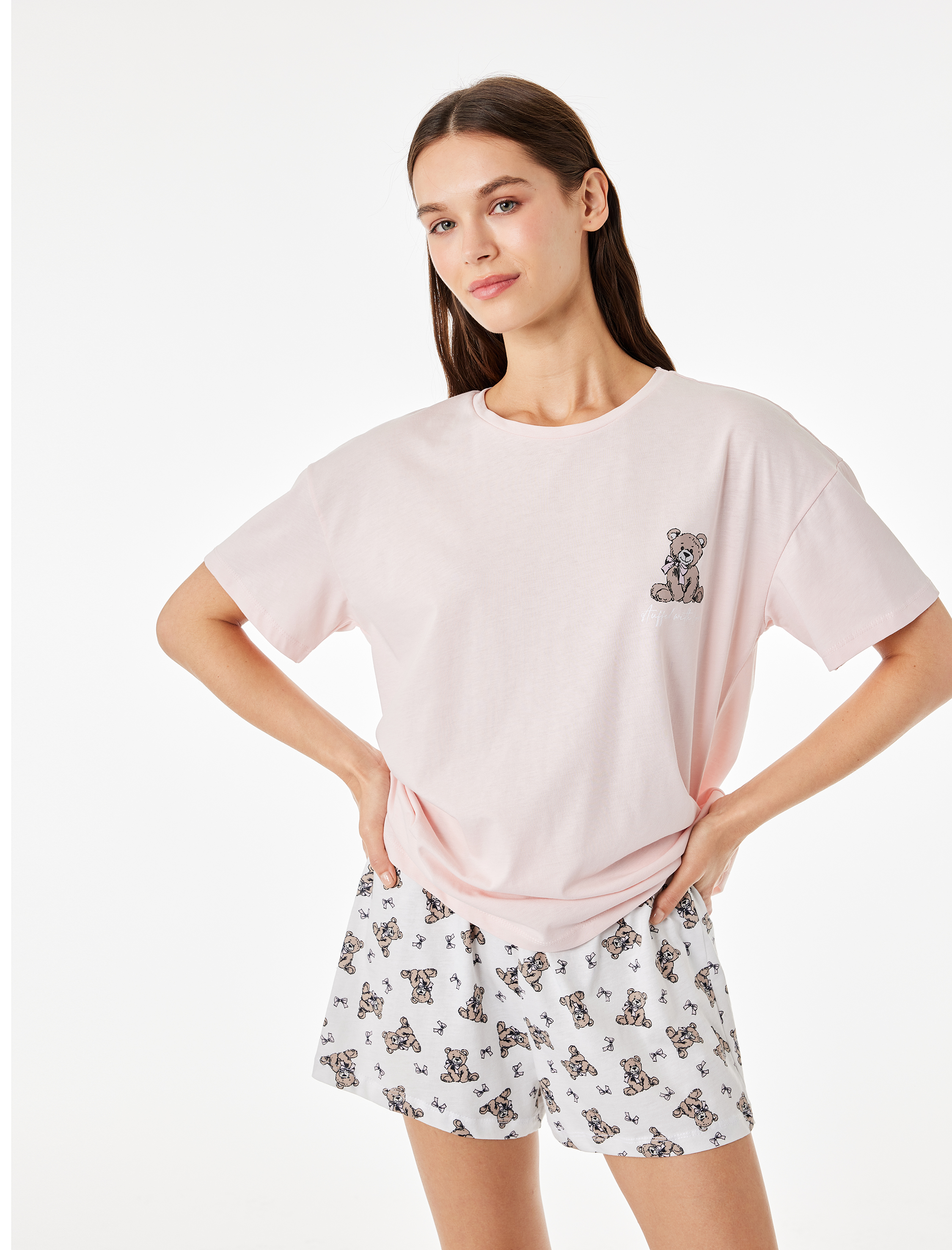   Pamuklu Bisiklet Yaka Kısa Kollu Rahat Kesim Baskılı Pijama Takımı