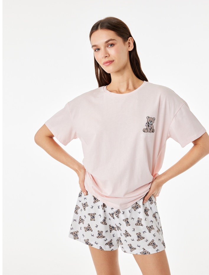  Pamuklu Bisiklet Yaka Kısa Kollu Rahat Kesim Baskılı Pijama Takımı