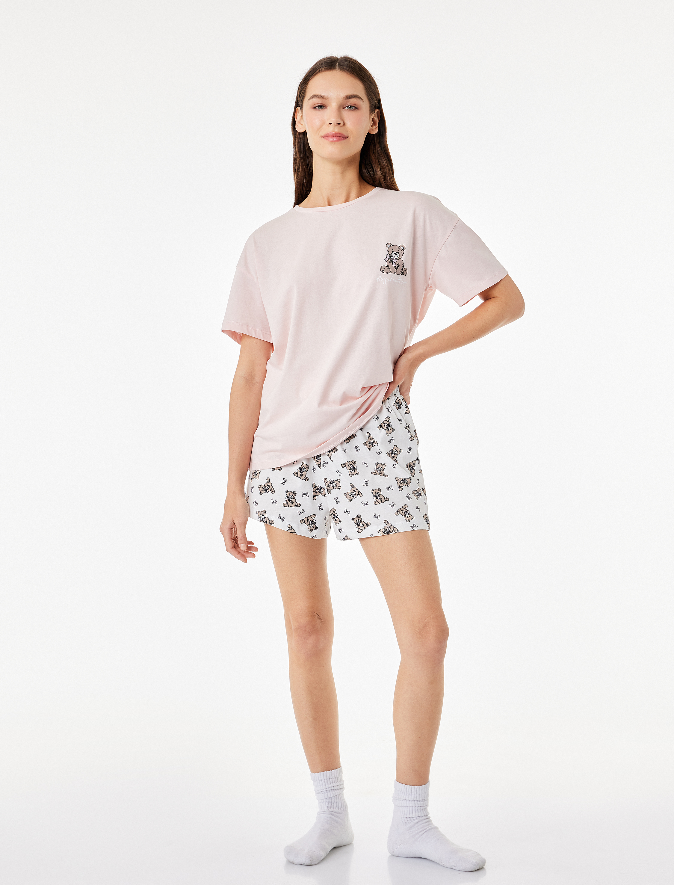   Pamuklu Bisiklet Yaka Kısa Kollu Rahat Kesim Baskılı Pijama Takımı