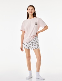 Pamuklu Bisiklet Yaka Kısa Kollu Rahat Kesim Baskılı Pijama Takımı