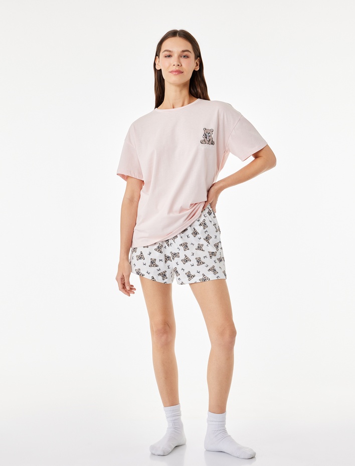 Pamuklu Bisiklet Yaka Kısa Kollu Rahat Kesim Baskılı Pijama Takımı