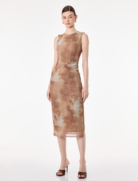 Drapeli Slim Fit Kolsuz Bisiklet Yaka Batik Desenli Midi Elbise