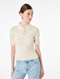 Slim Fit Yarım Düğme Detaylı Kısa Kollu Polo Yaka Triko Kazak