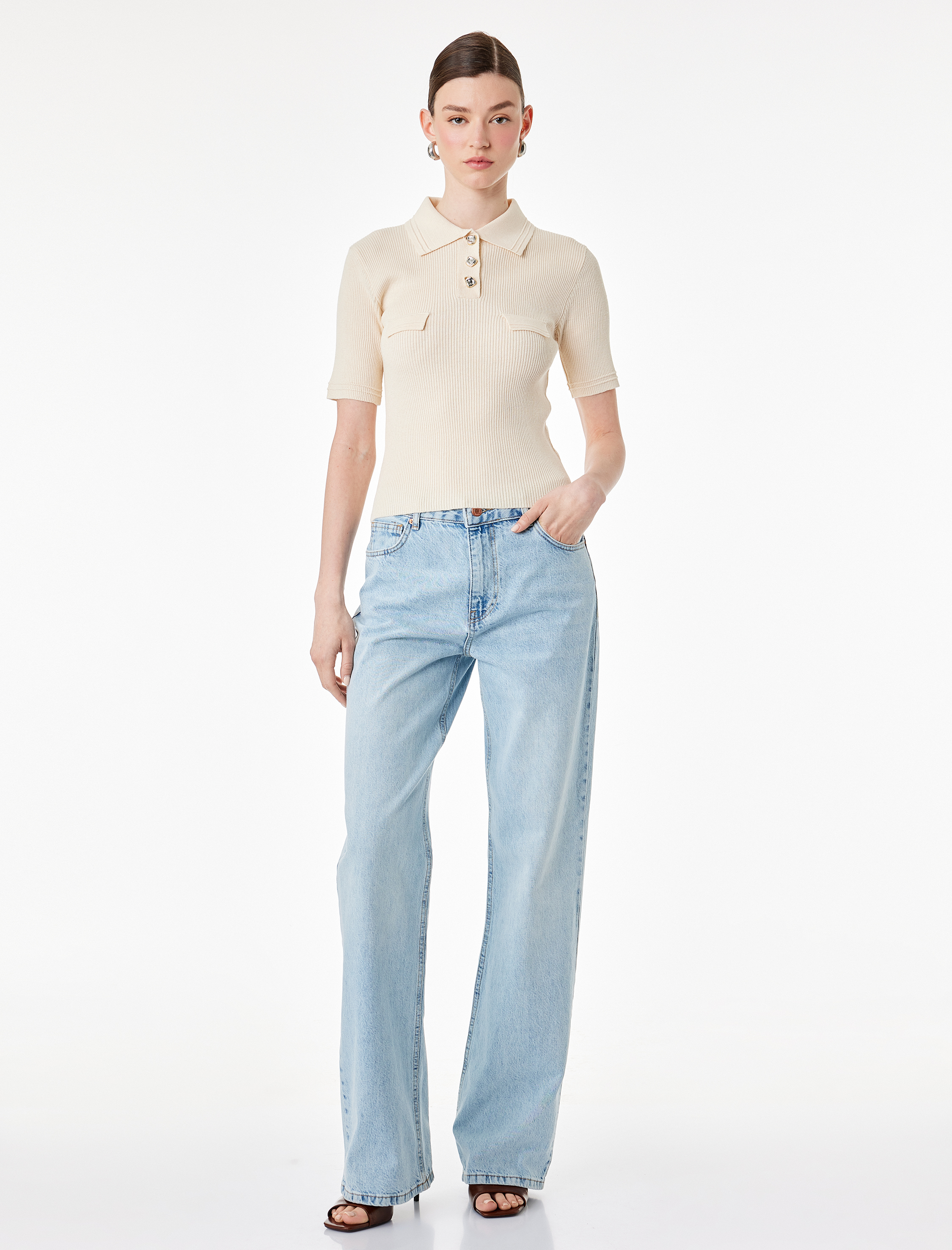   Slim Fit Yarım Düğme Detaylı Kısa Kollu Polo Yaka Triko Kazak