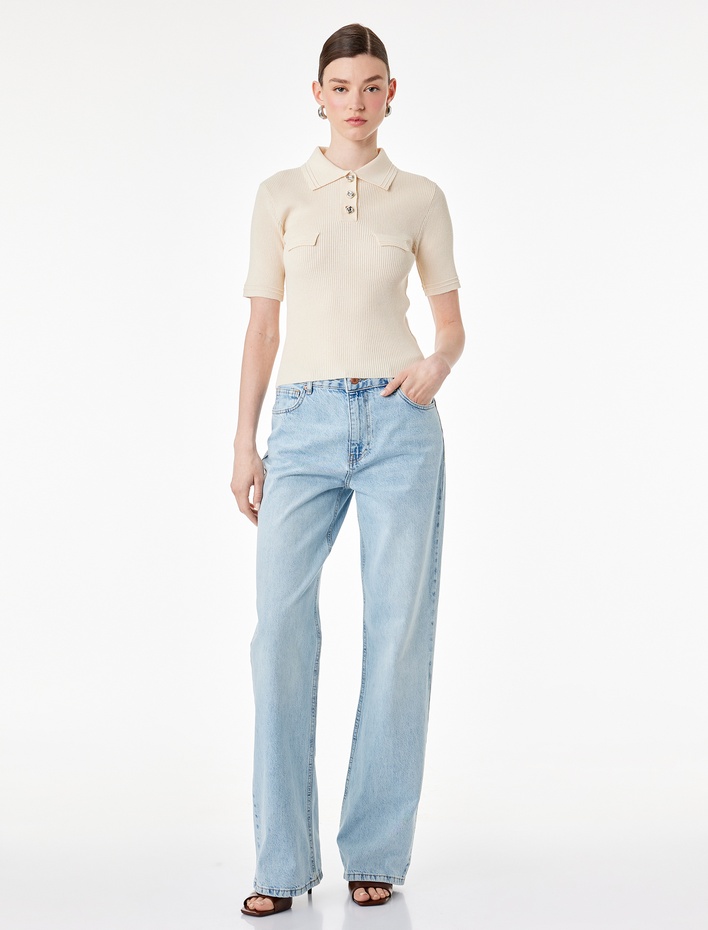  Slim Fit Yarım Düğme Detaylı Kısa Kollu Polo Yaka Triko Kazak
