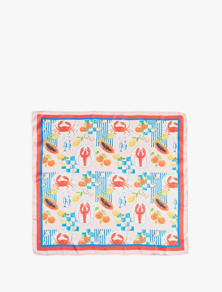Kadın Yaz Temalı Desenli Saten Kare Fular Bandana - Koton X Sibil Çetinkaya