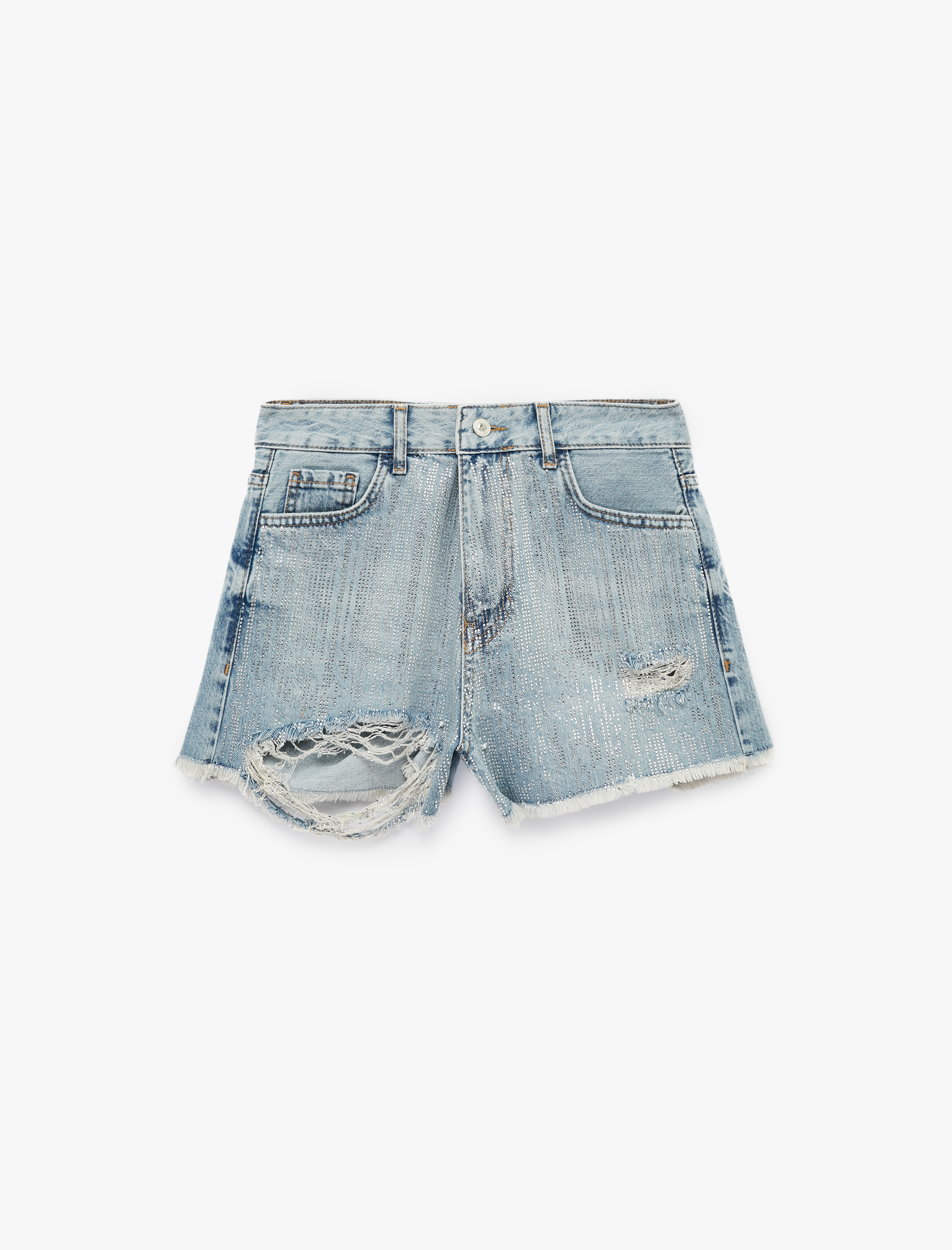   Yüksek Bel Yıpratma Detaylı Taşlı Mini Denim Şort