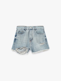 Yüksek Bel Yıpratma Detaylı Taşlı Mini Denim Şort