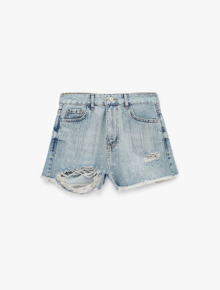 Yüksek Bel Yıpratma Detaylı Taşlı Mini Denim Şort