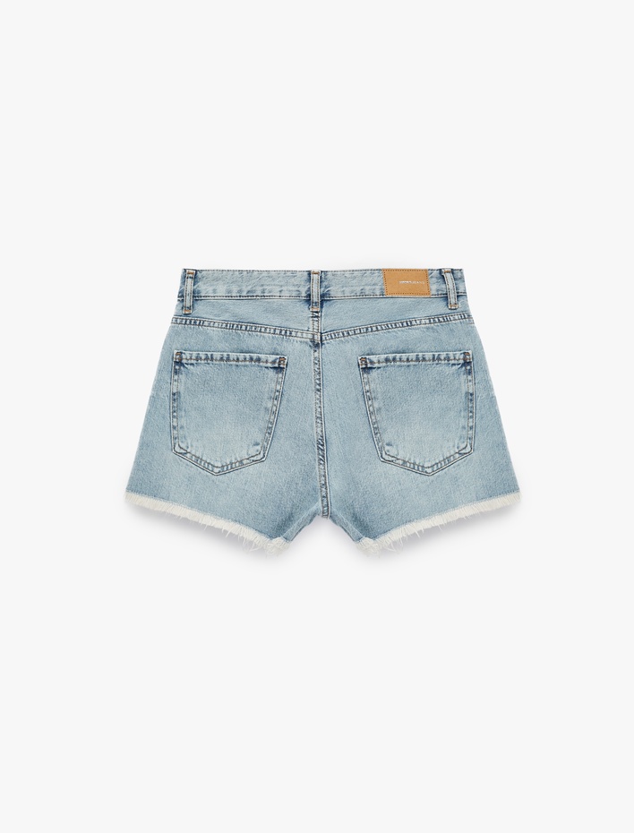  Yüksek Bel Yıpratma Detaylı Taşlı Mini Denim Şort