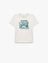 Pamuklu Kısa Kollu Bisiklet Yaka Baskılı Tişört