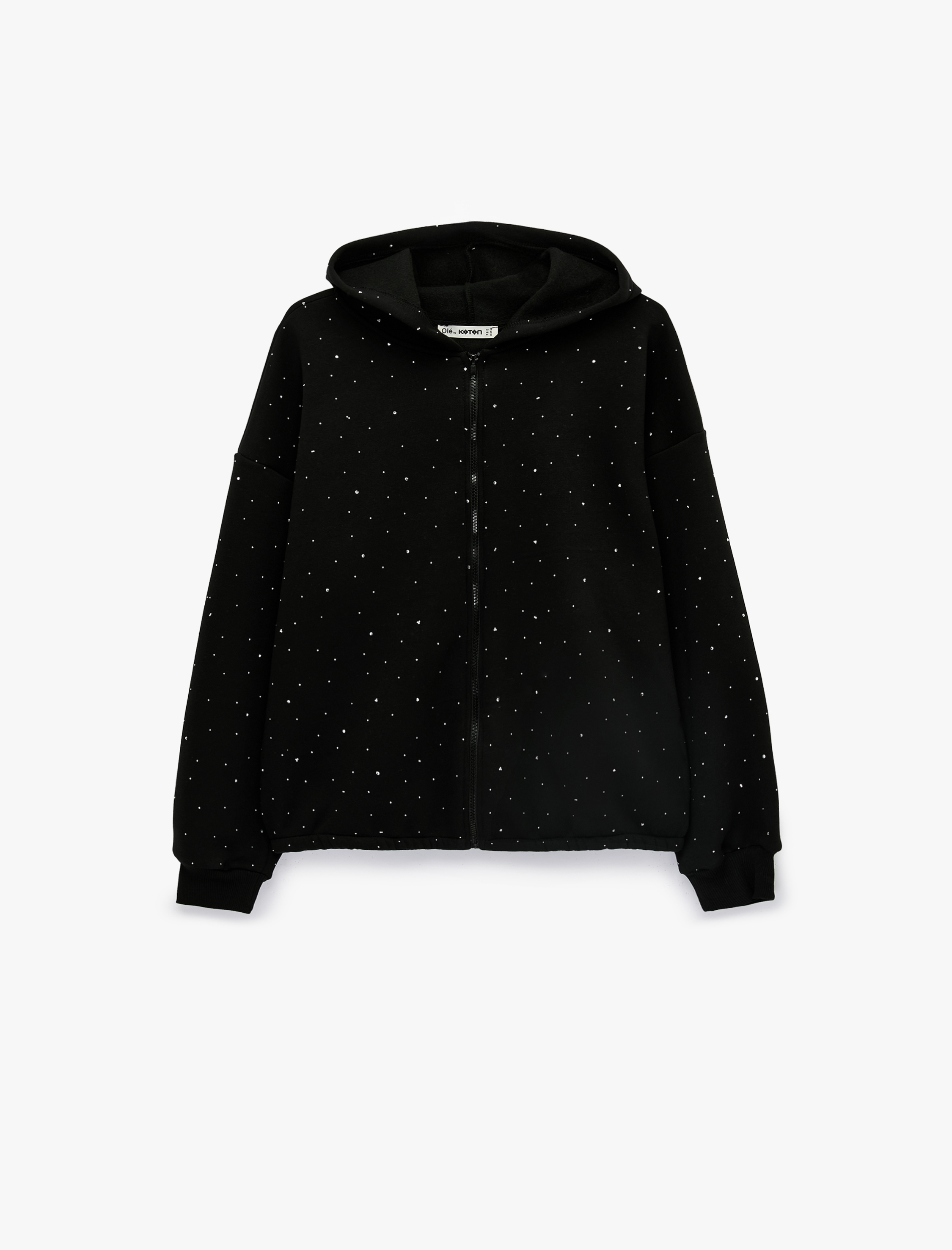   Üç İplik Şardonlu Uzun Kollu Fermuarlı Kapüşonlu Taş Detaylı Sweatshirt
