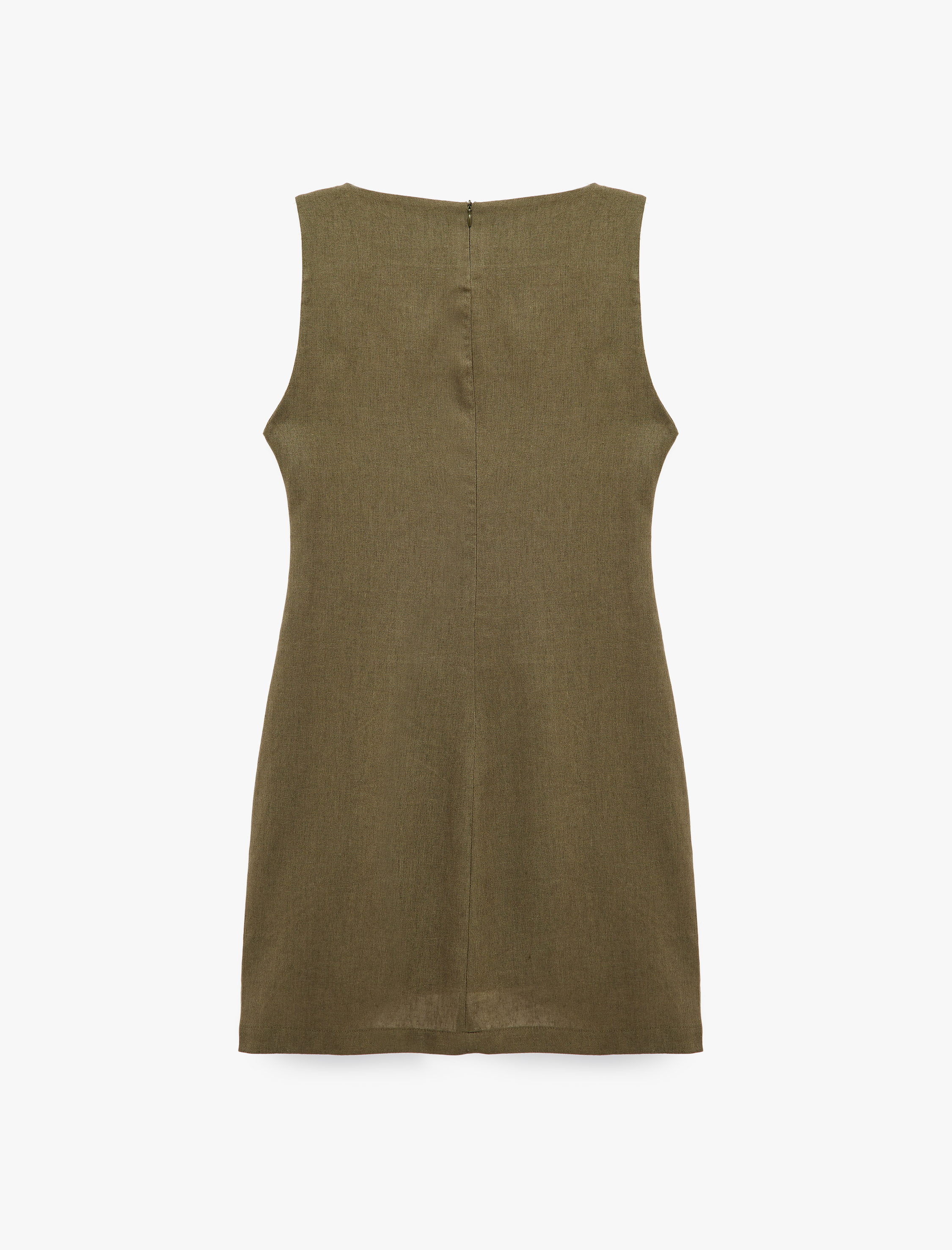   Keten Karışımlı Slim Fit Drapeli Yuvarlak Yaka Metal Aksesuarlı Kolsuz Mini Elbise