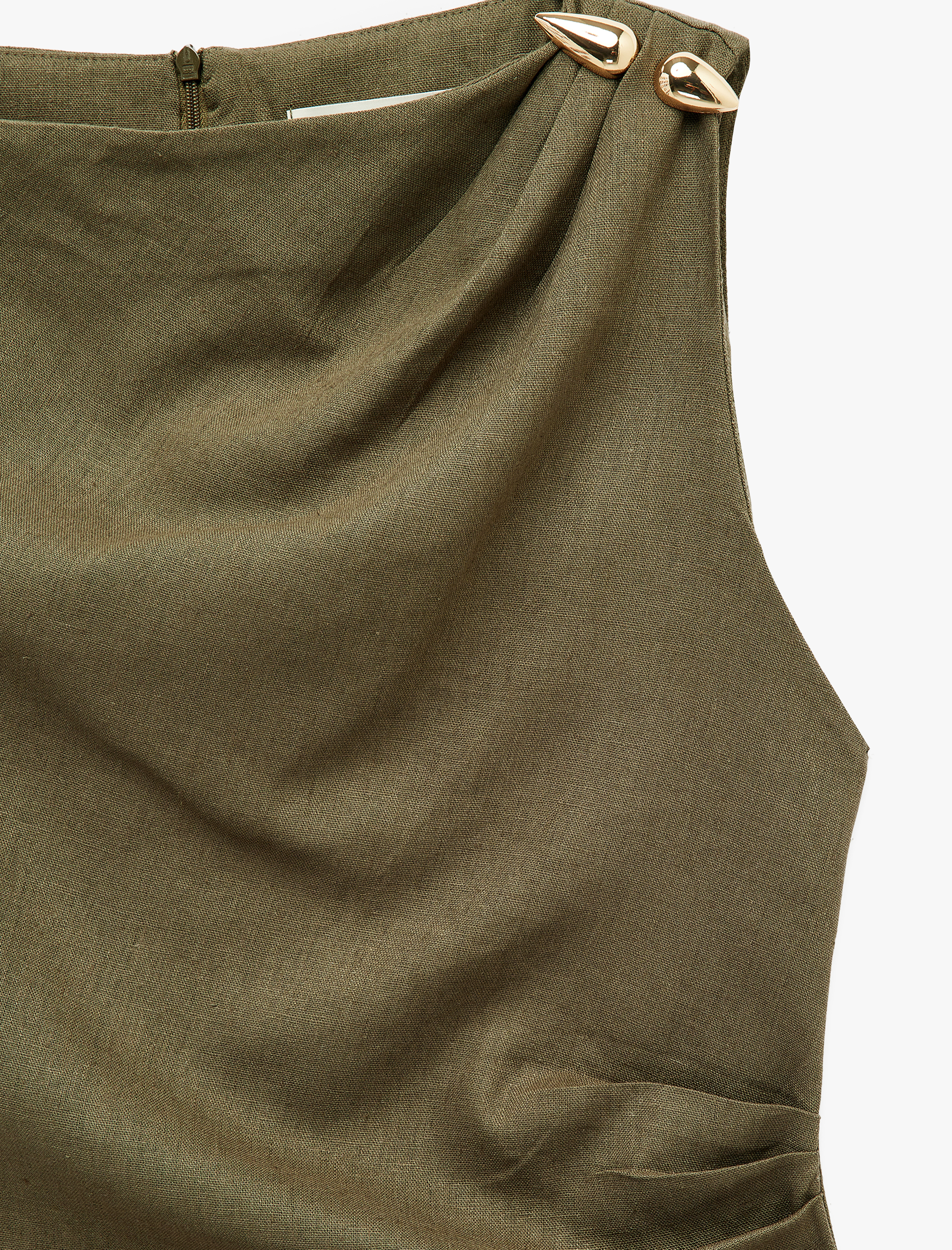   Keten Karışımlı Slim Fit Drapeli Yuvarlak Yaka Metal Aksesuarlı Kolsuz Mini Elbise