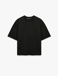Pamuklu 3/4 Kollu Bisiklet Yaka Oversize Tişört
