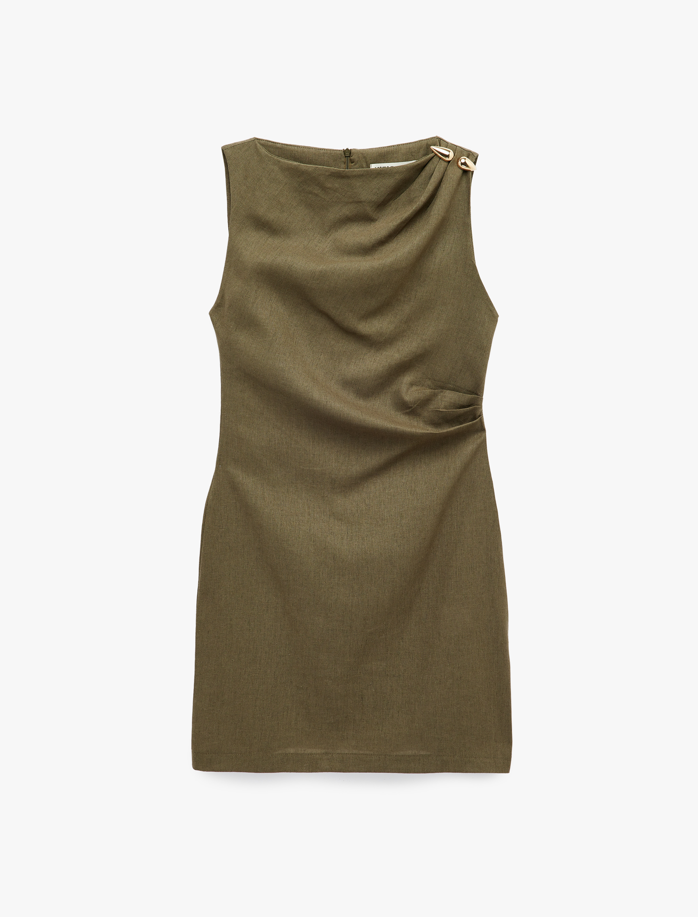   Keten Karışımlı Slim Fit Drapeli Yuvarlak Yaka Metal Aksesuarlı Kolsuz Mini Elbise