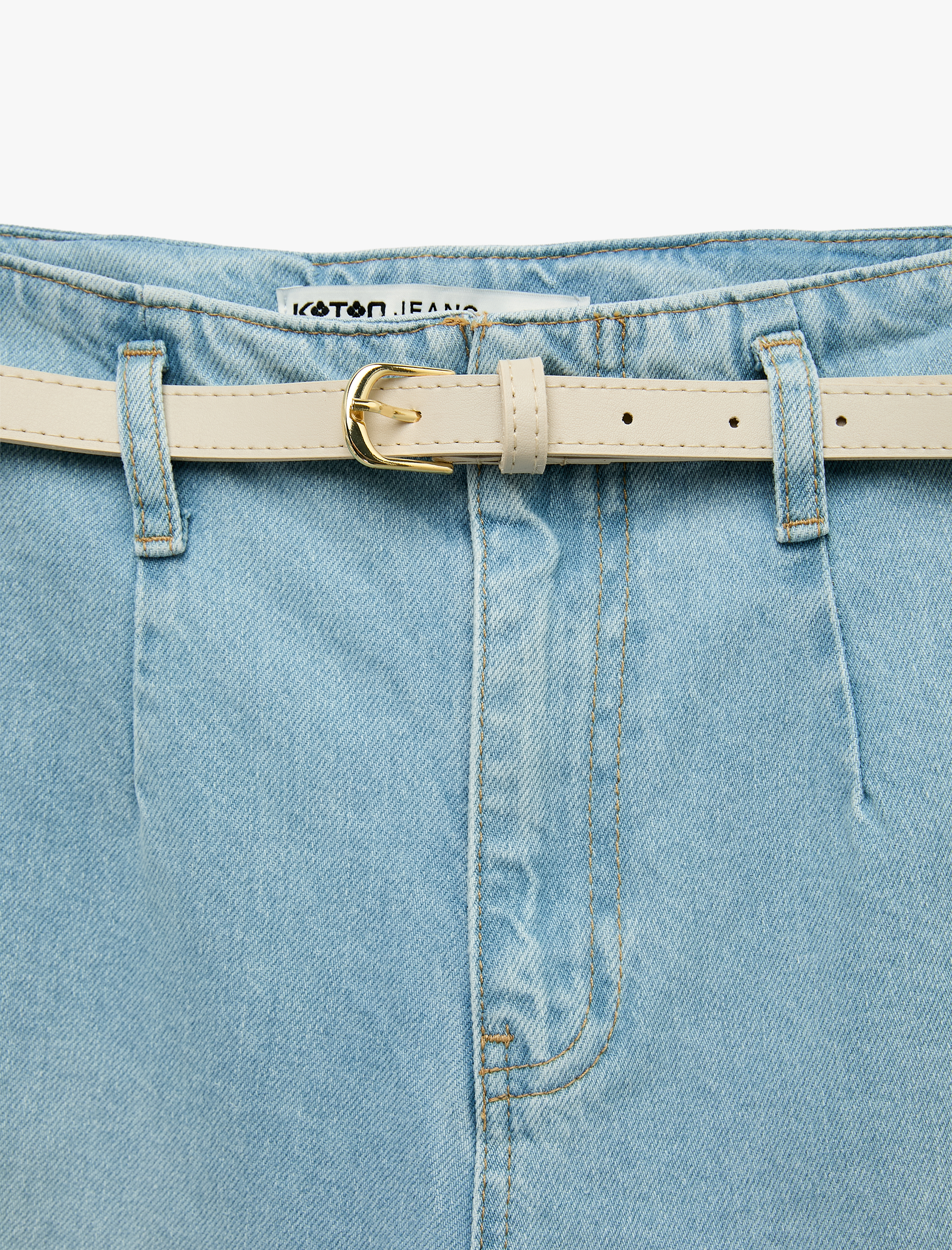   Yüksek Bel Pamuklu Kemerli Kısa Geniş Paça Denim Pantolon - Wide Leg Jean