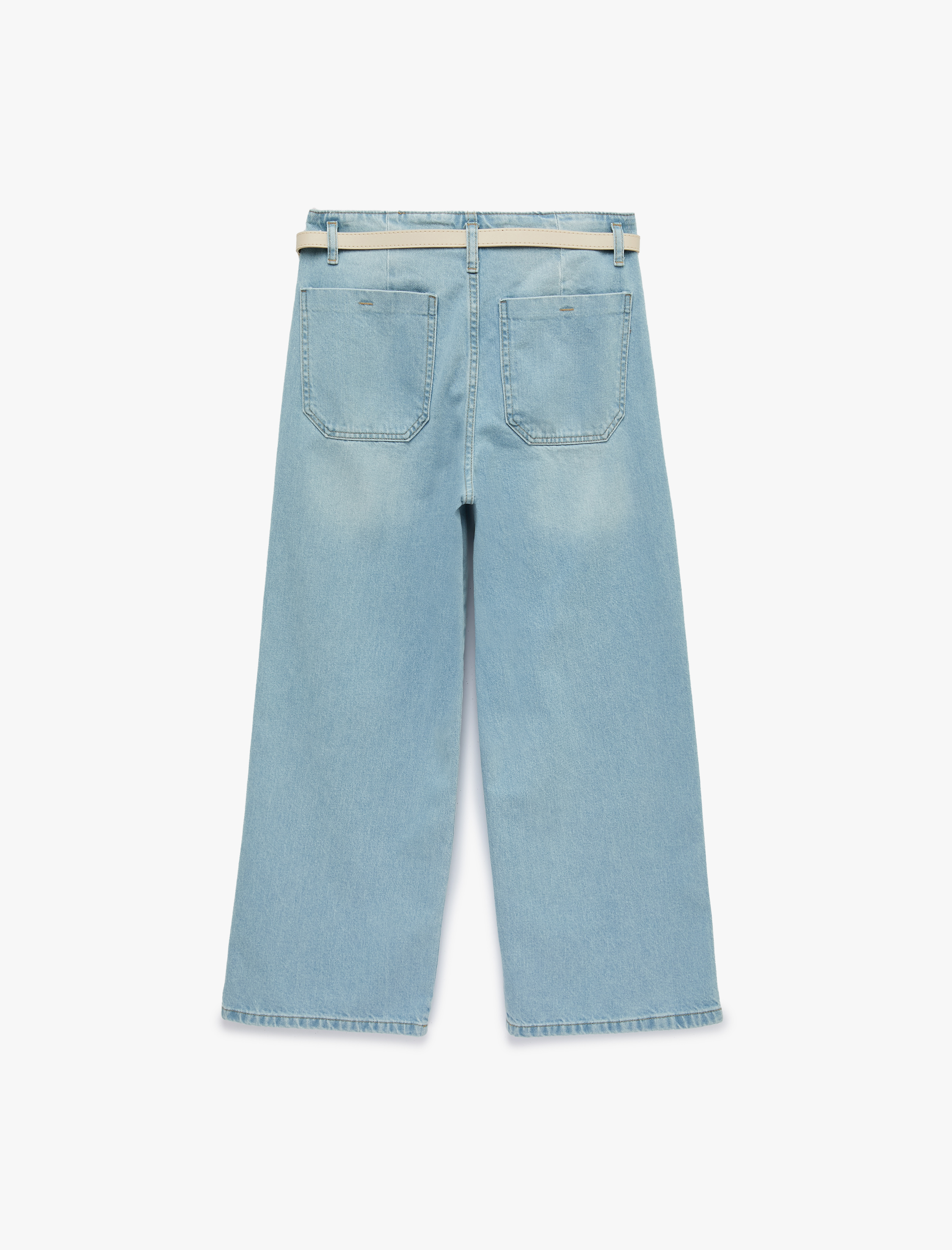   Yüksek Bel Pamuklu Kemerli Kısa Geniş Paça Denim Pantolon - Wide Leg Jean