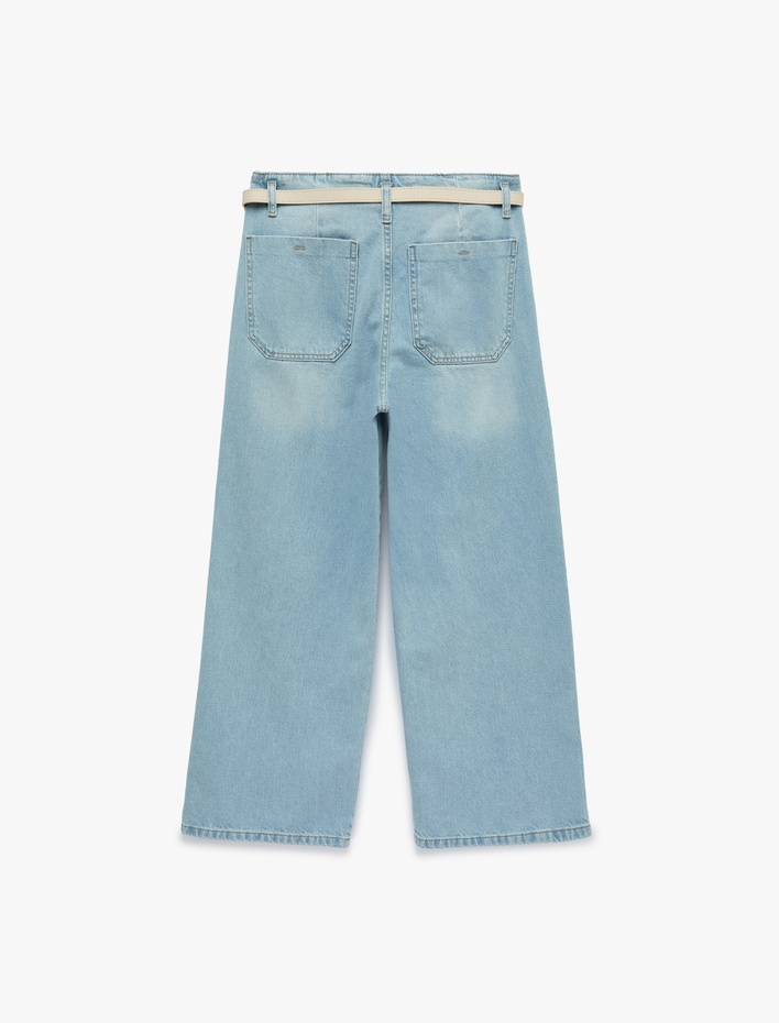  Yüksek Bel Pamuklu Kemerli Kısa Geniş Paça Denim Pantolon - Wide Leg Jean