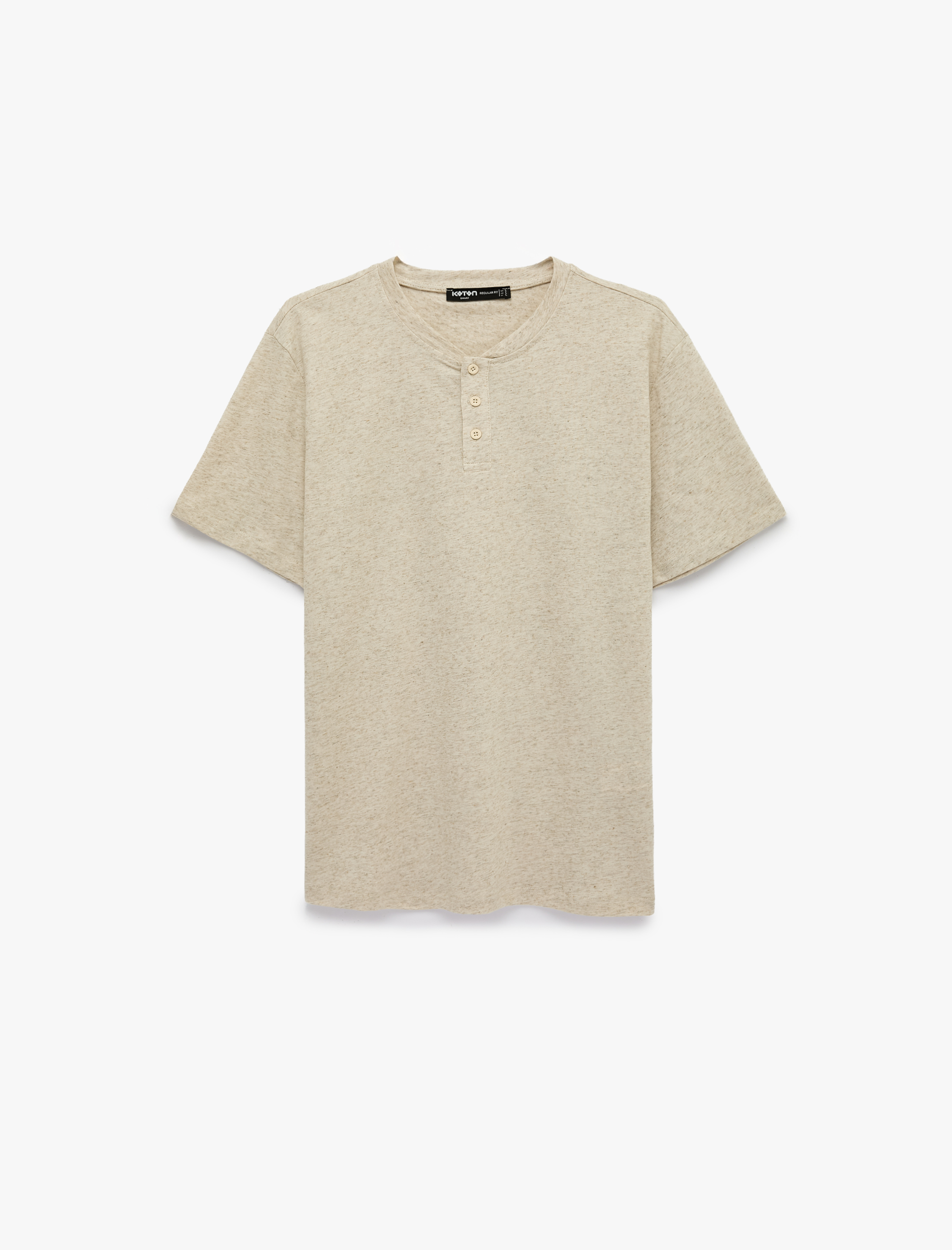   Keten Karışımlı Regular Fit Düğmeli Henley Yaka Kısa Kollu Tişört