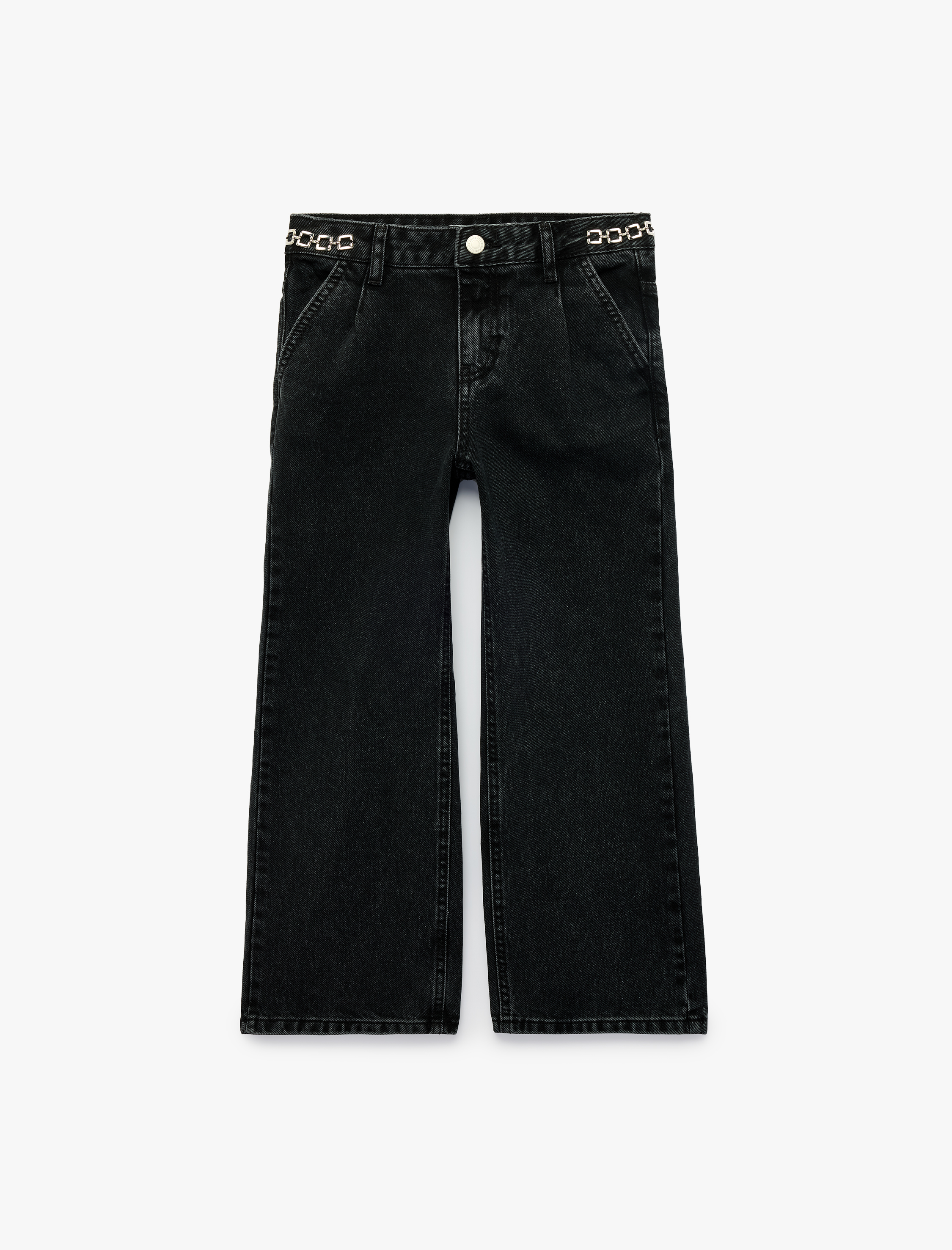  Kız Çocuk Pamuklu Zincir Detaylı Geniş Paça Denim Pantolon