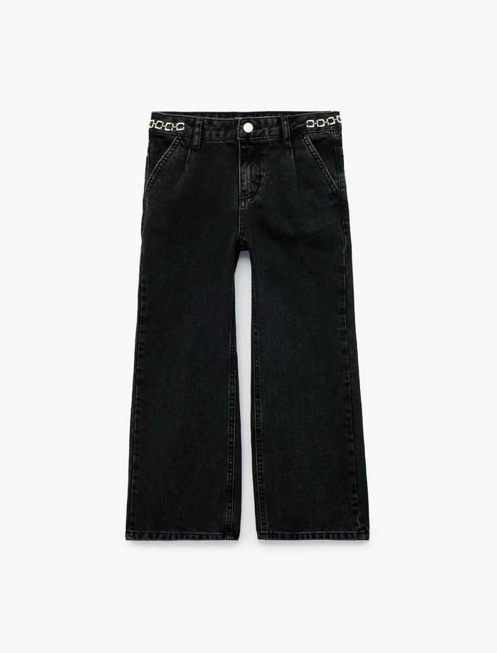 Kız Çocuk Pamuklu Zincir Detaylı Geniş Paça Denim Pantolon