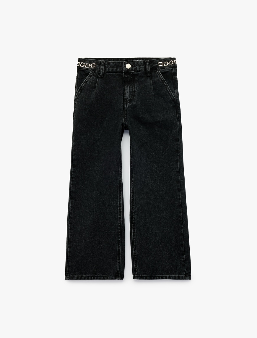 Koton Pamuklu Zincir Detaylı Geniş Paça Denim Pantolon