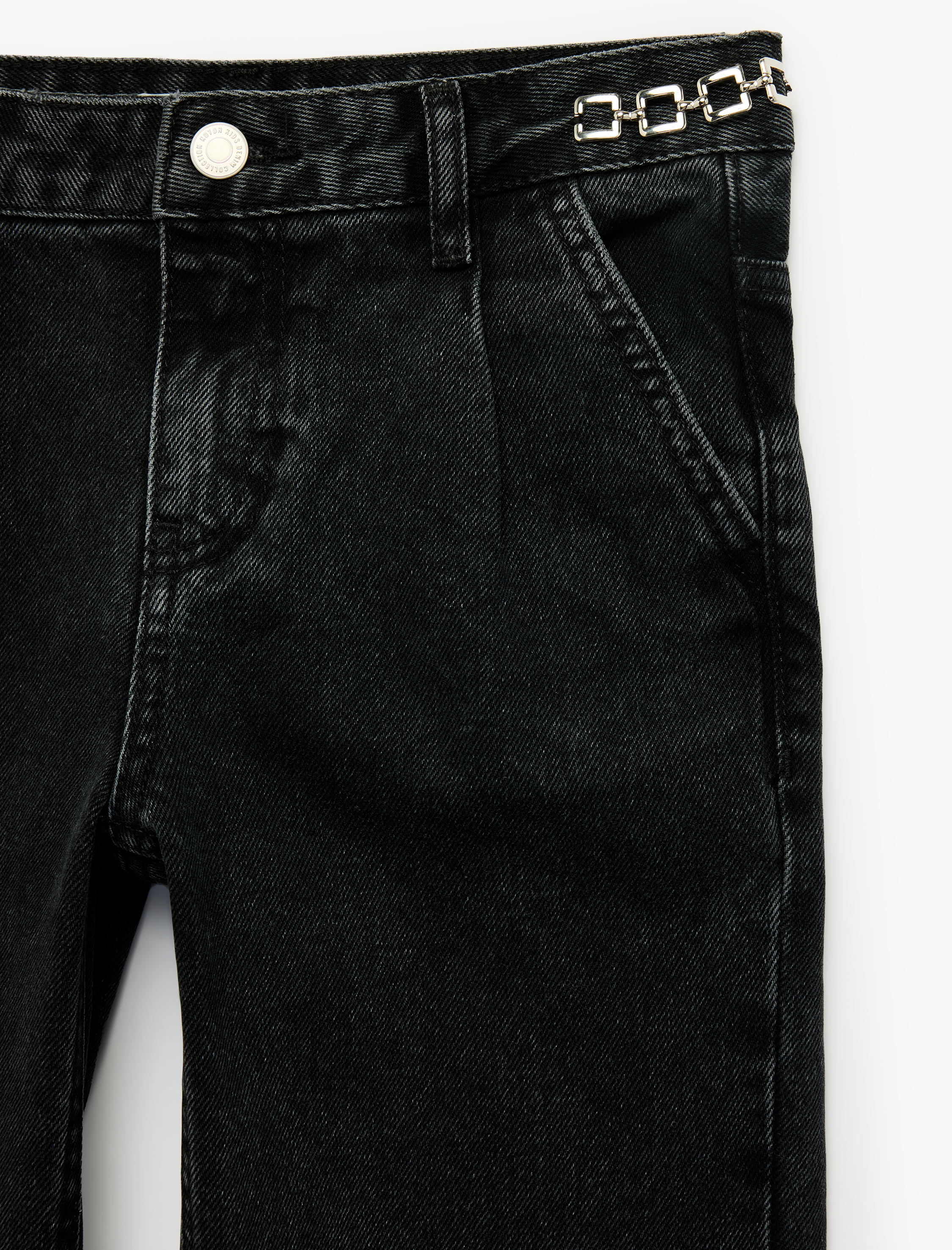  Kız Çocuk Pamuklu Zincir Detaylı Geniş Paça Denim Pantolon