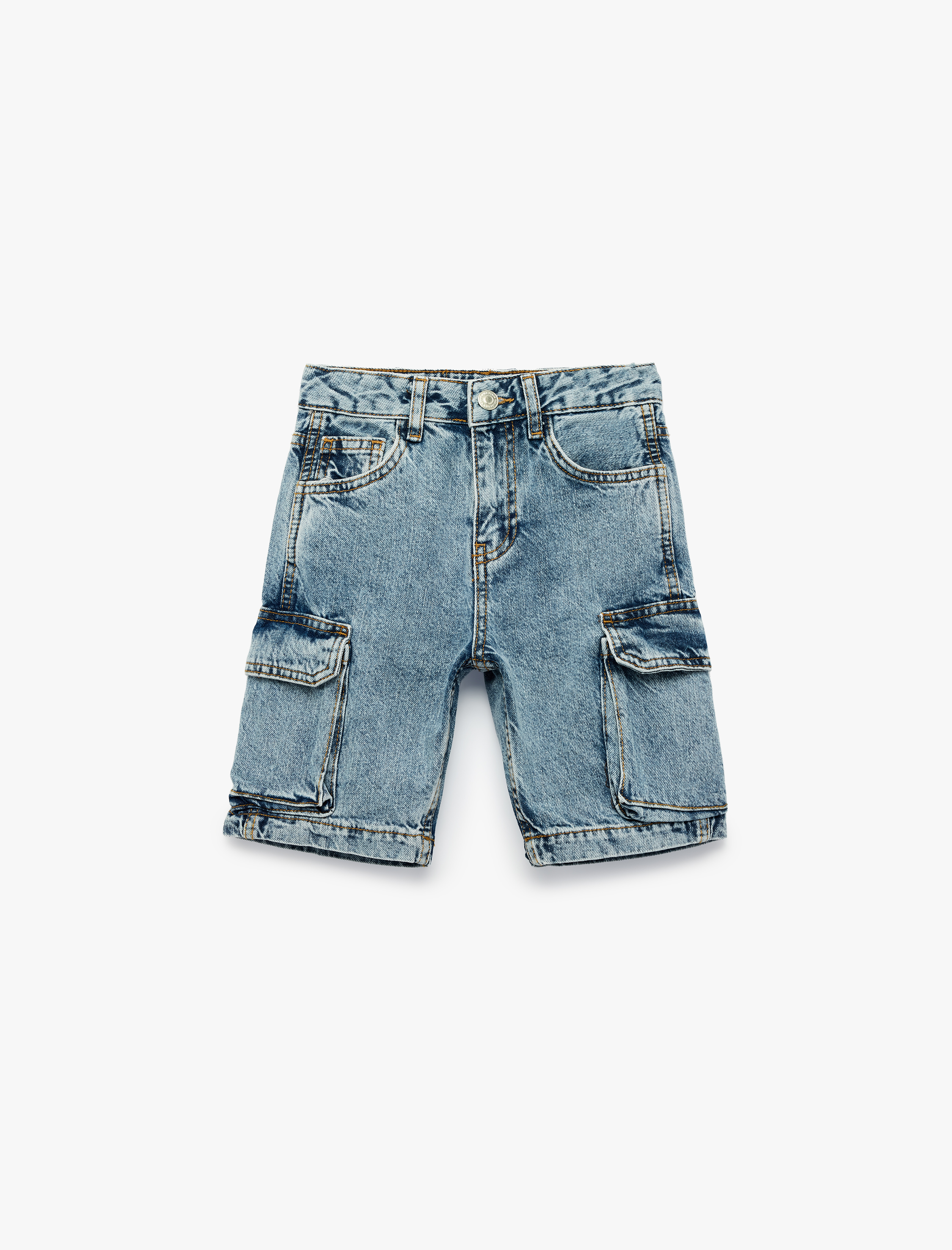  Erkek Çocuk Kapaklı Cep Detaylı Pamuklu Oversize Kargo Denim Şort