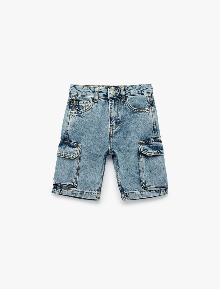 Erkek Çocuk Kapaklı Cep Detaylı Pamuklu Oversize Kargo Denim Şort