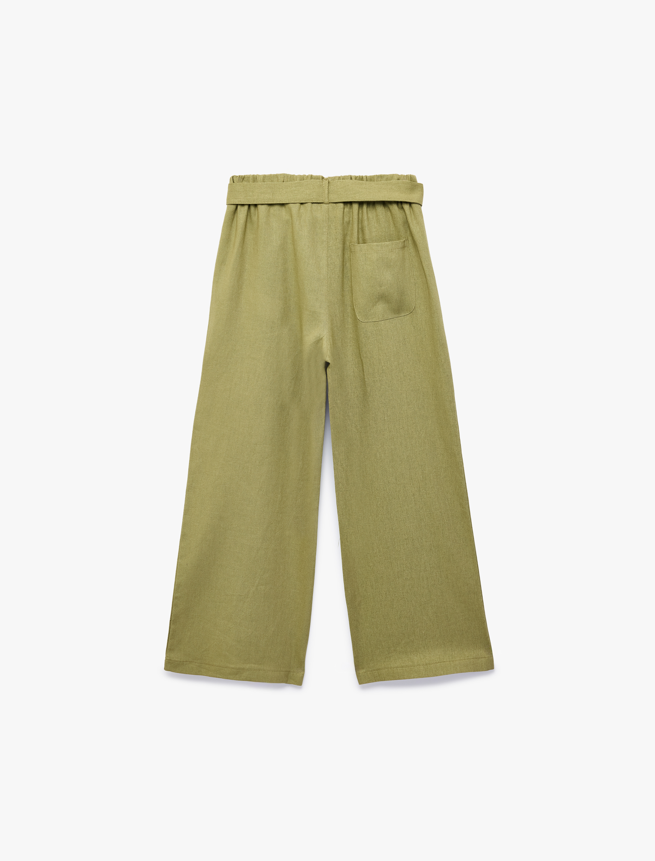  Kız Çocuk Beli Bağlamalı Keten ve Viskon Karışımlı Geniş Paça Pantolon