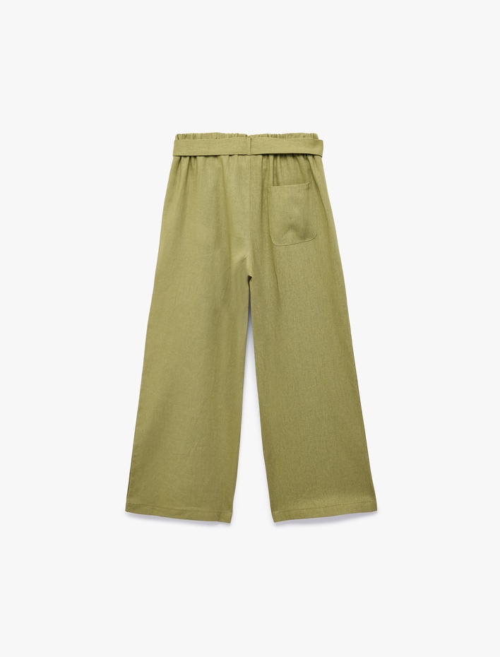 Kız Çocuk Beli Bağlamalı Keten ve Viskon Karışımlı Geniş Paça Pantolon