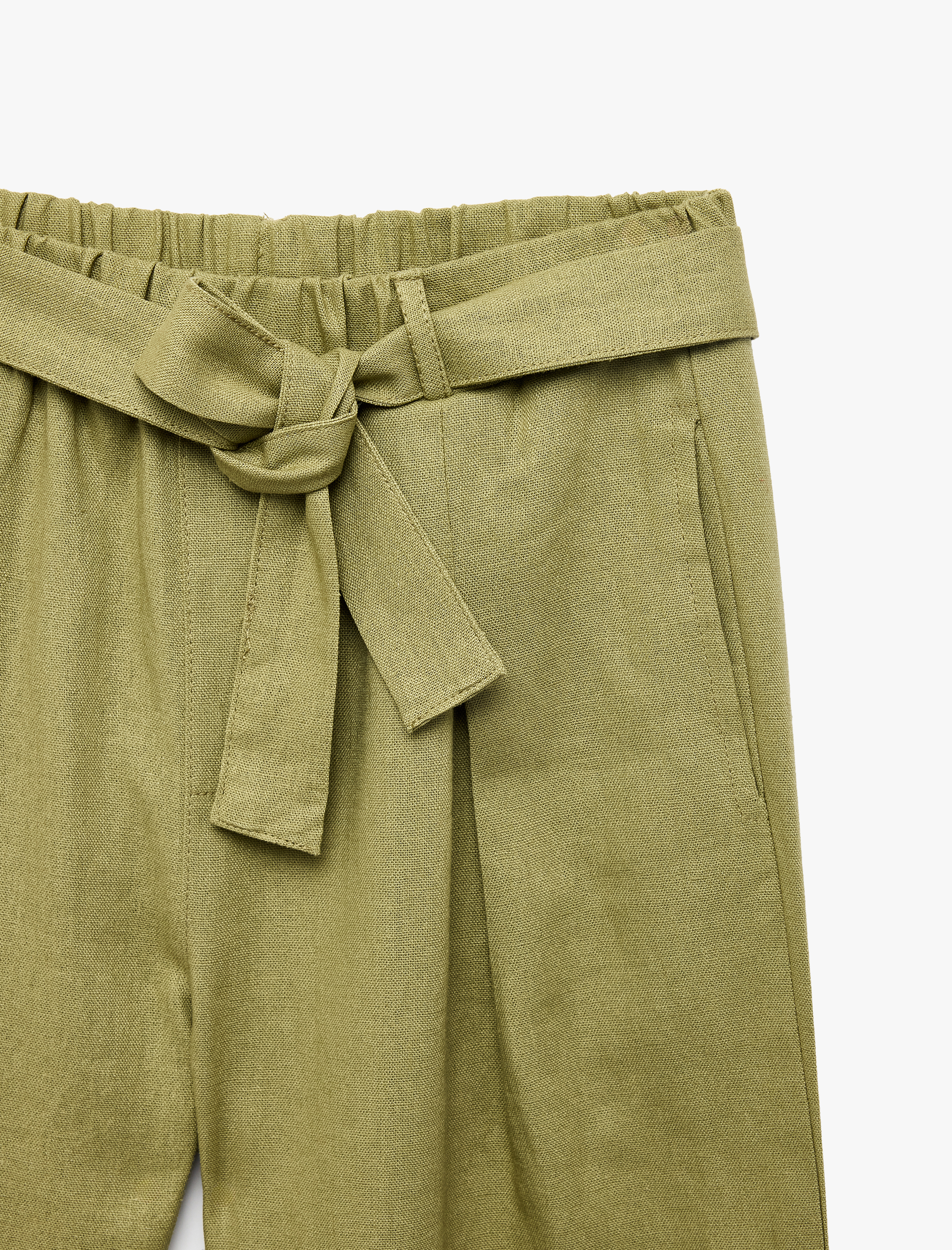  Kız Çocuk Beli Bağlamalı Keten ve Viskon Karışımlı Geniş Paça Pantolon