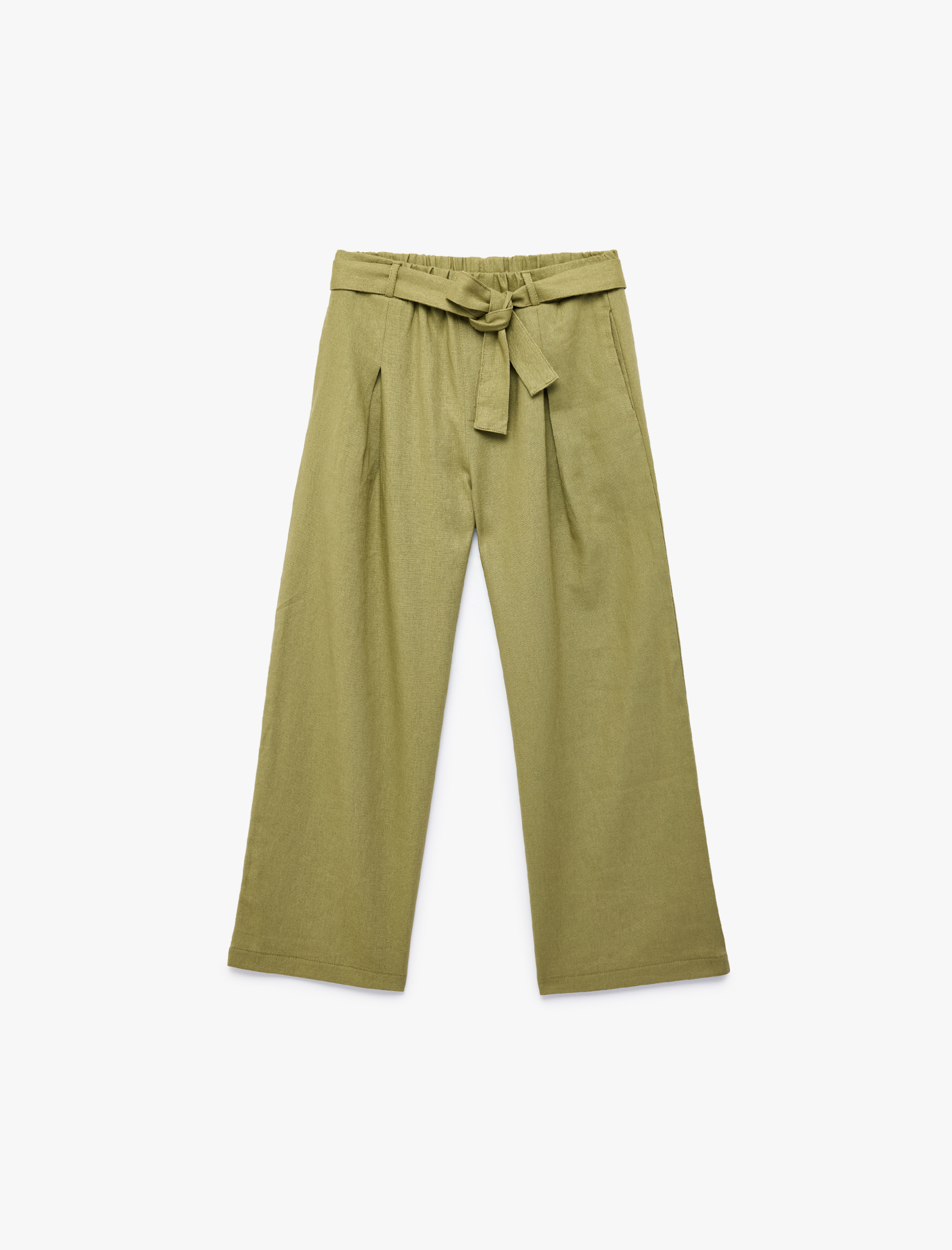  Kız Çocuk Beli Bağlamalı Keten ve Viskon Karışımlı Geniş Paça Pantolon