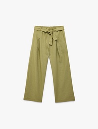 Beli Bağlamalı Keten ve Viskon Karışımlı Geniş Paça Pantolon
