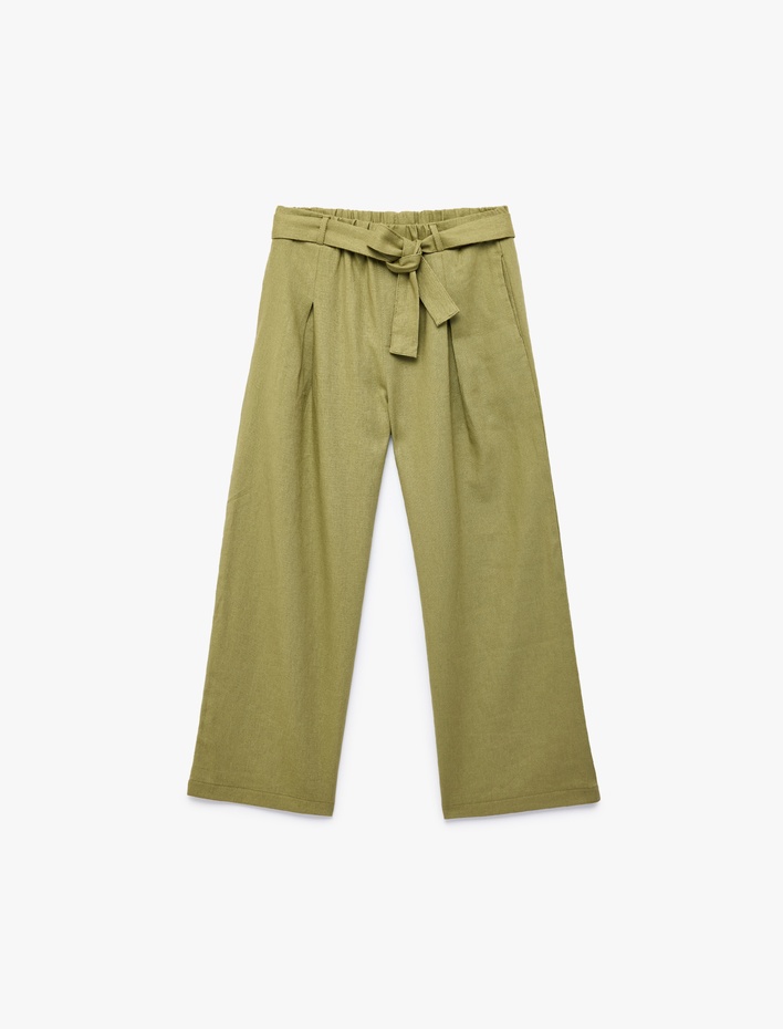 Kız Çocuk Beli Bağlamalı Keten ve Viskon Karışımlı Geniş Paça Pantolon