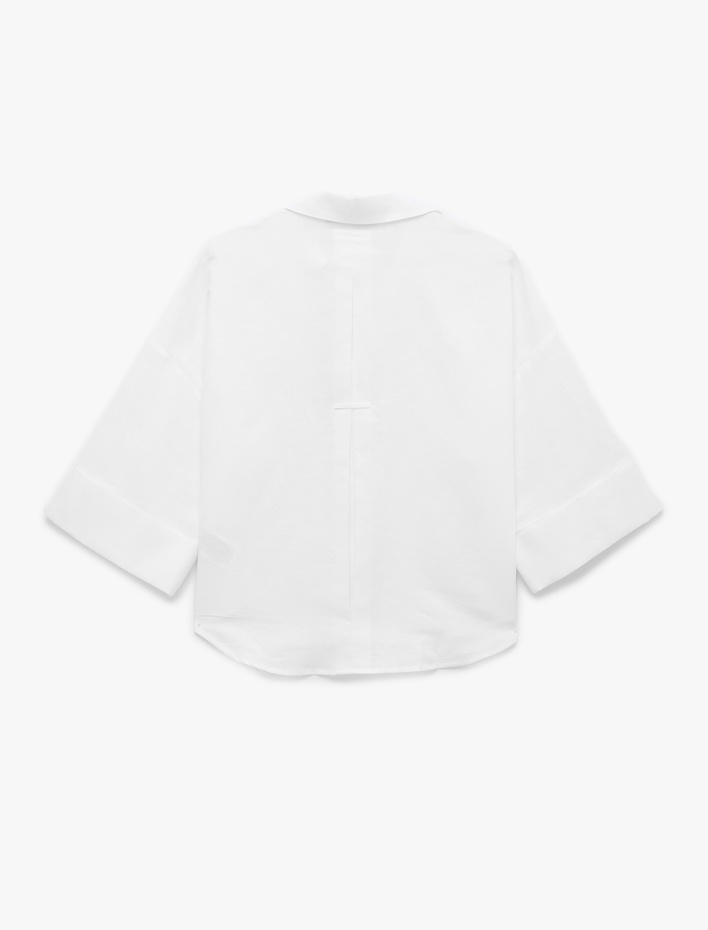  Oversize Klasik Yaka 3/4 Kollu Keten Karışımlı Gömlek