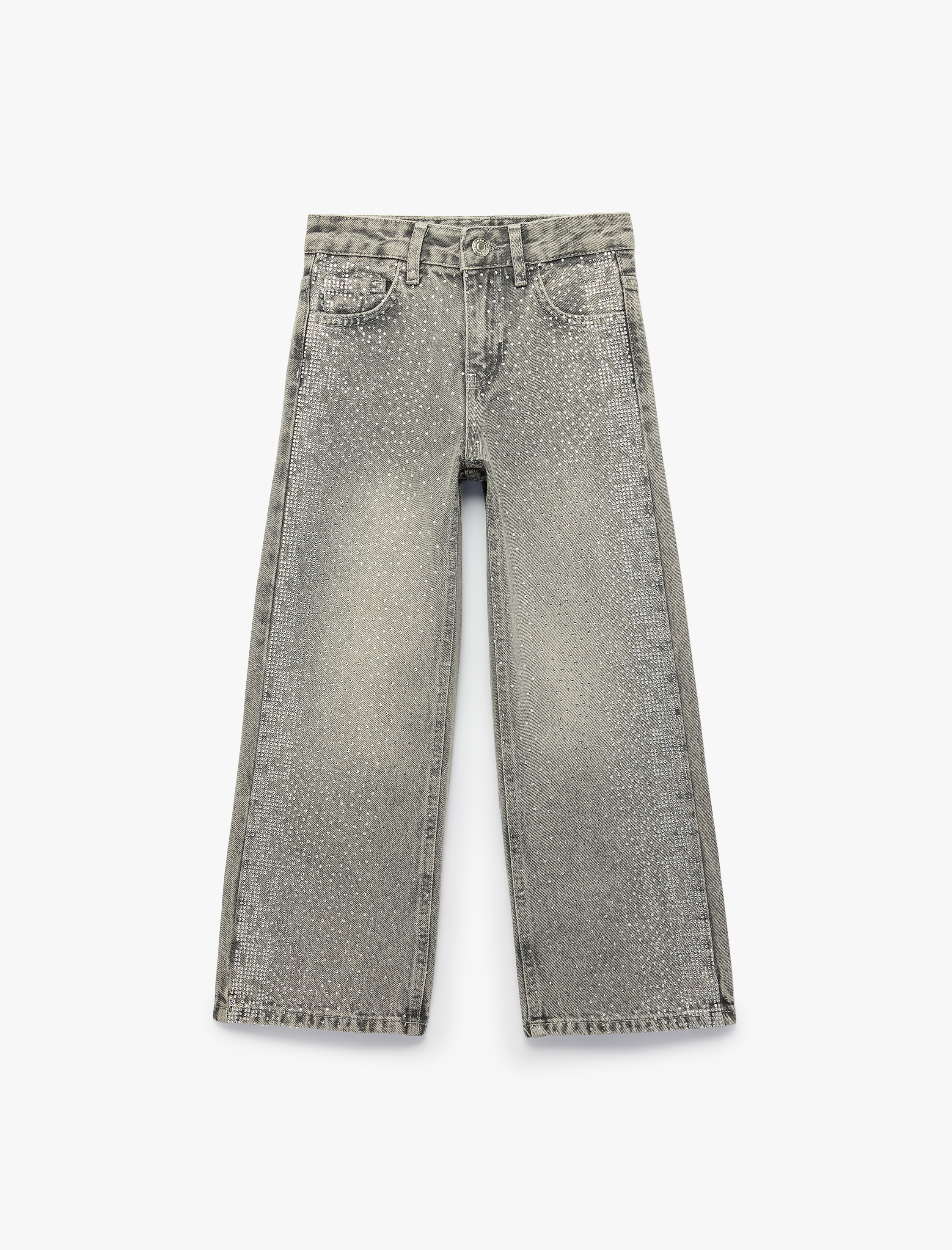  Kız Çocuk Taş İşlemeli Pamuklu Geniş Paça Denim Pantolon