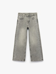 Taş İşlemeli Pamuklu Geniş Paça Denim Pantolon