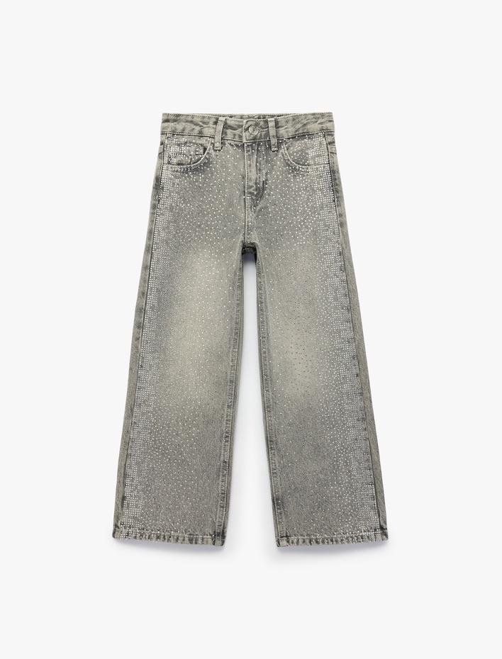 Kız Çocuk Taş İşlemeli Pamuklu Geniş Paça Denim Pantolon