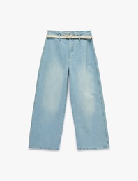 Yüksek Bel Pamuklu Kemerli Kısa Geniş Paça Denim Pantolon - Wide Leg Jean