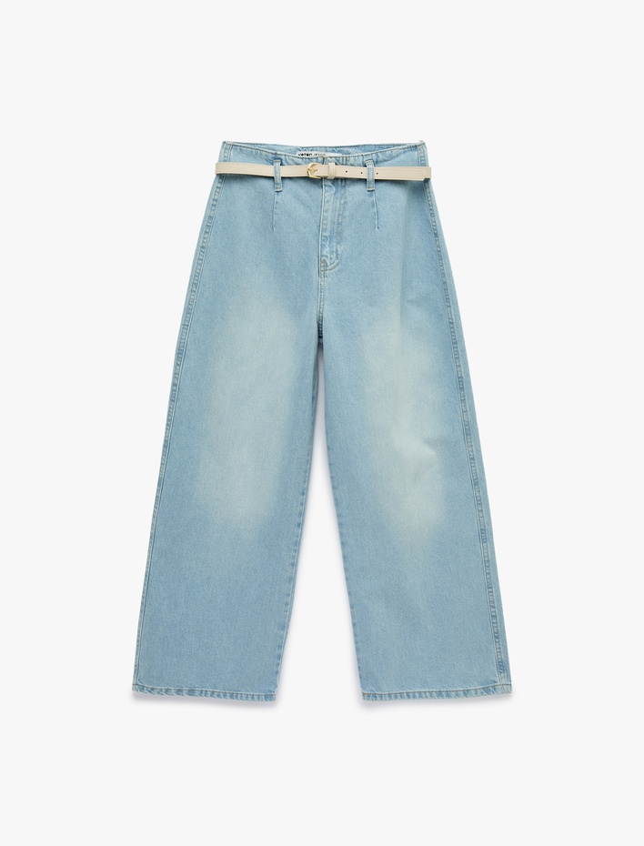  Yüksek Bel Pamuklu Kemerli Kısa Geniş Paça Denim Pantolon - Wide Leg Jean