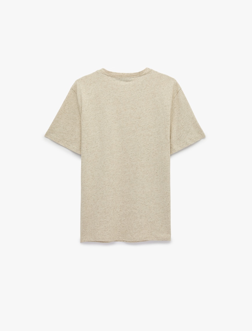 Ekru Erkek Keten Karışımlı Regular Fit Düğmeli Henley Yaka Kısa