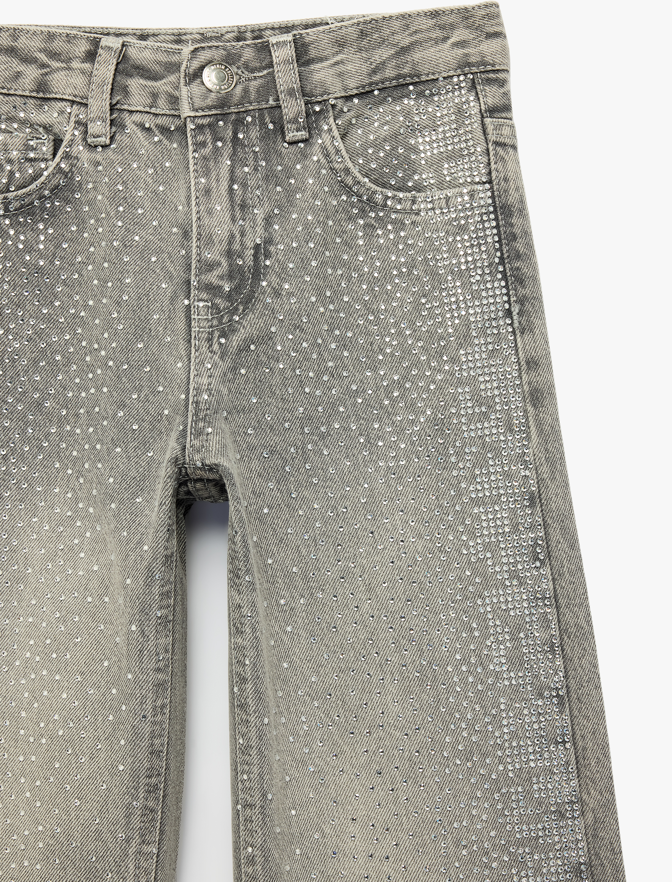  Kız Çocuk Taş İşlemeli Pamuklu Geniş Paça Denim Pantolon