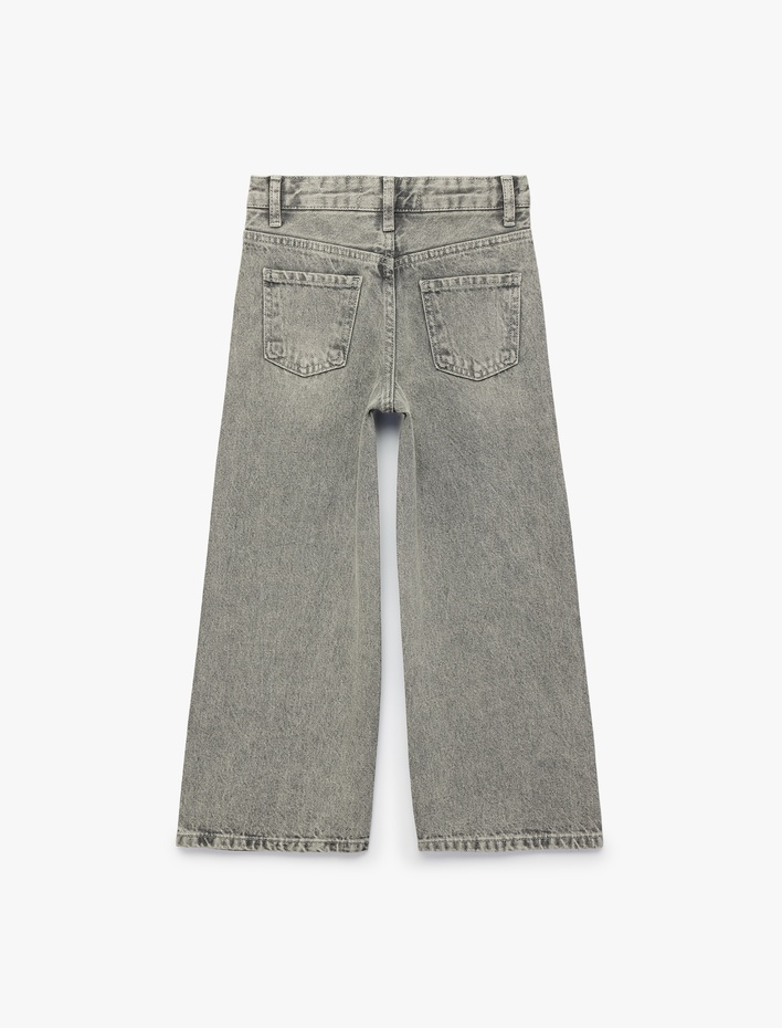 Kız Çocuk Taş İşlemeli Pamuklu Geniş Paça Denim Pantolon