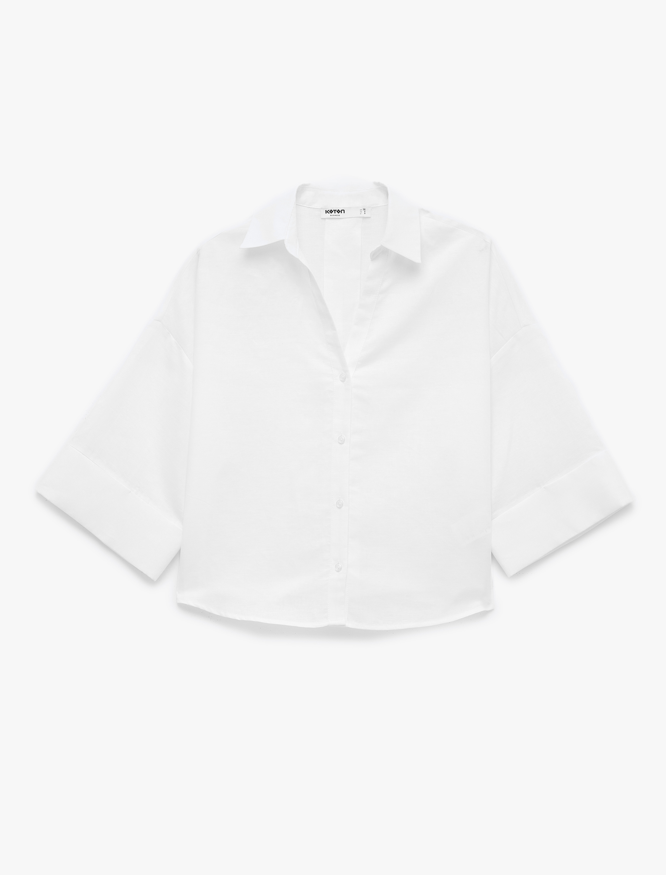   Oversize Klasik Yaka 3/4 Kollu Keten Karışımlı Gömlek