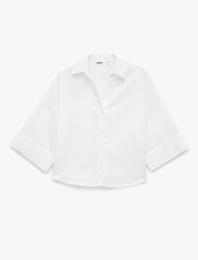 Oversize Klasik Yaka 3/4 Kollu Keten Karışımlı Gömlek