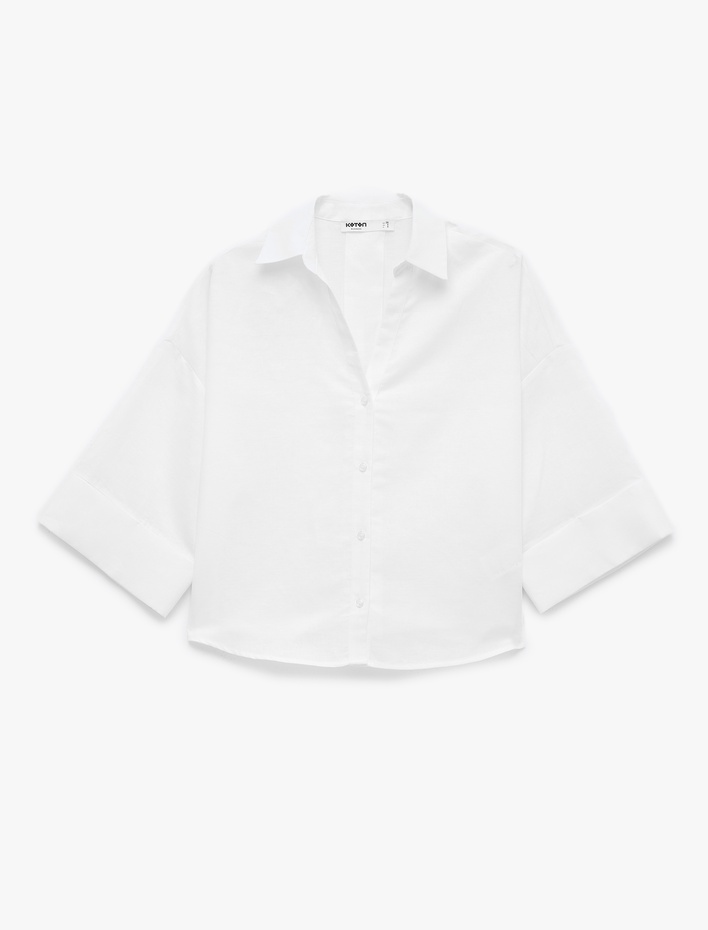  Oversize Klasik Yaka 3/4 Kollu Keten Karışımlı Gömlek